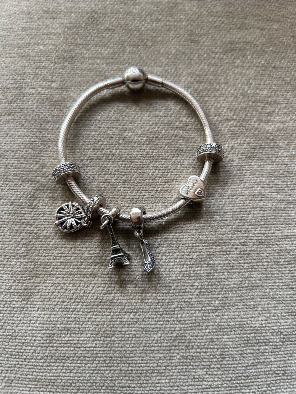 Pandora Sterling Silver Charm Bracelet w/ Eiffel Tower, Shoe & Pavé Charms